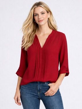 Joie Red Silk Marru Pleated V-Neck Blouse Size L